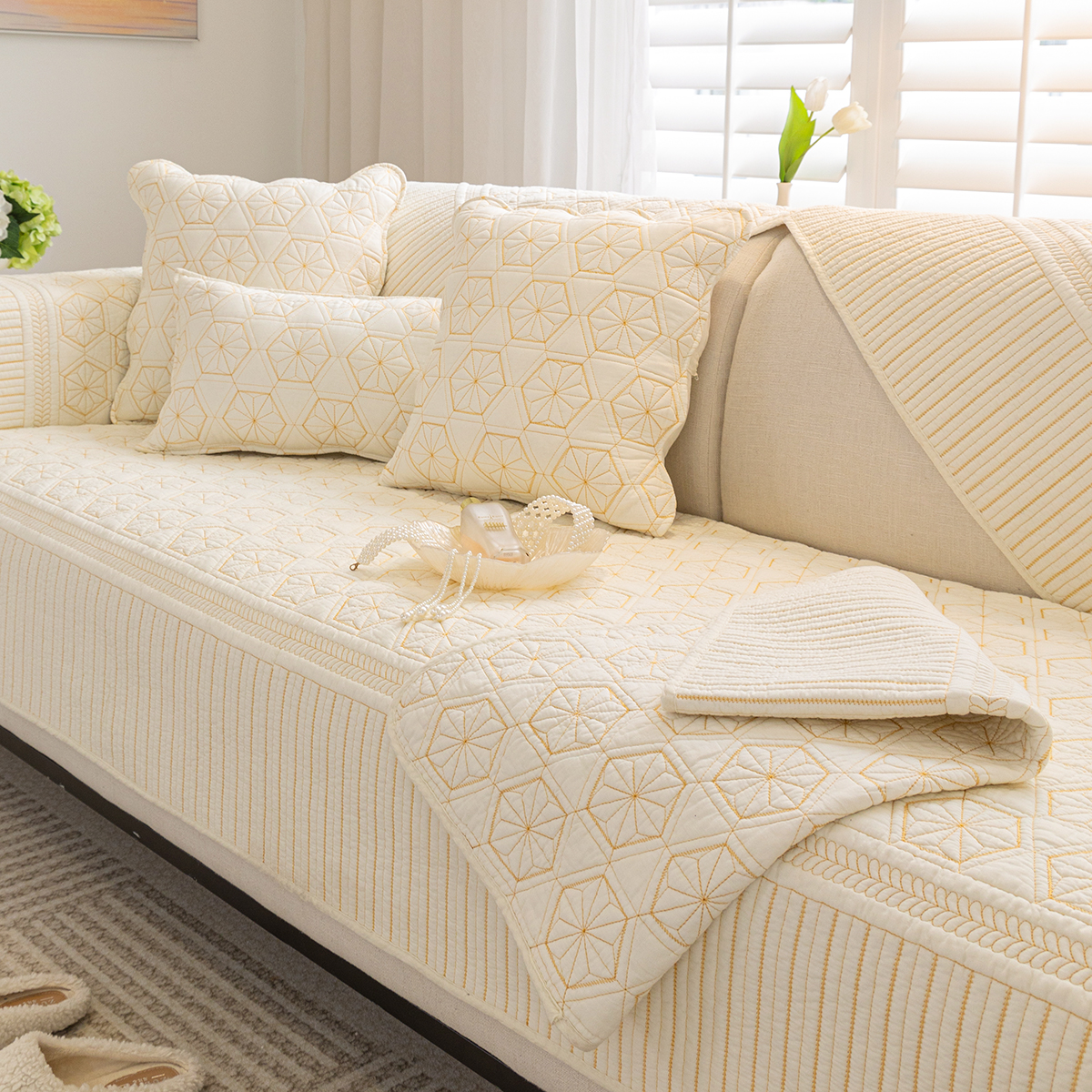 【双面纯棉】居家好物清新米白沙发垫四季通用防滑沙发座垫田园简约