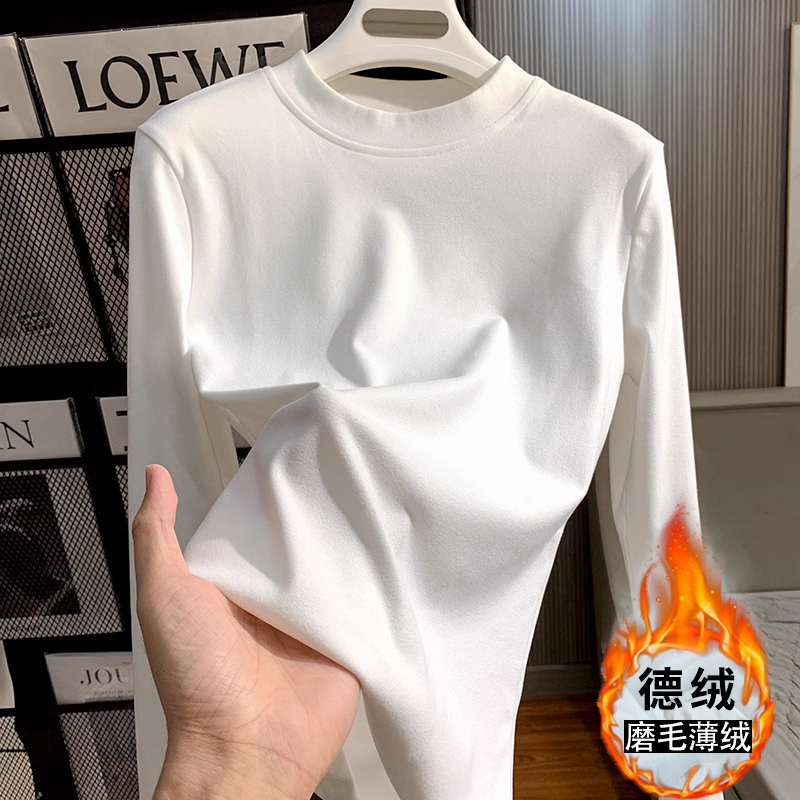 白色小半高领双面加绒长袖打底衫t恤女秋冬内搭保暖德绒立领上衣