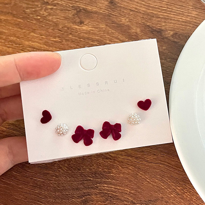 合金布艺耳饰 红色蝴蝶结耳钉6件套女新款潮秋冬耳饰女耳环气质.