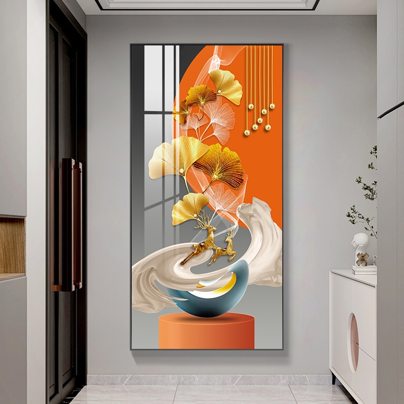 【双鹿送福】现代轻奢风格晶瓷镶钻玄关画入户装饰画背景墙挂画单幅