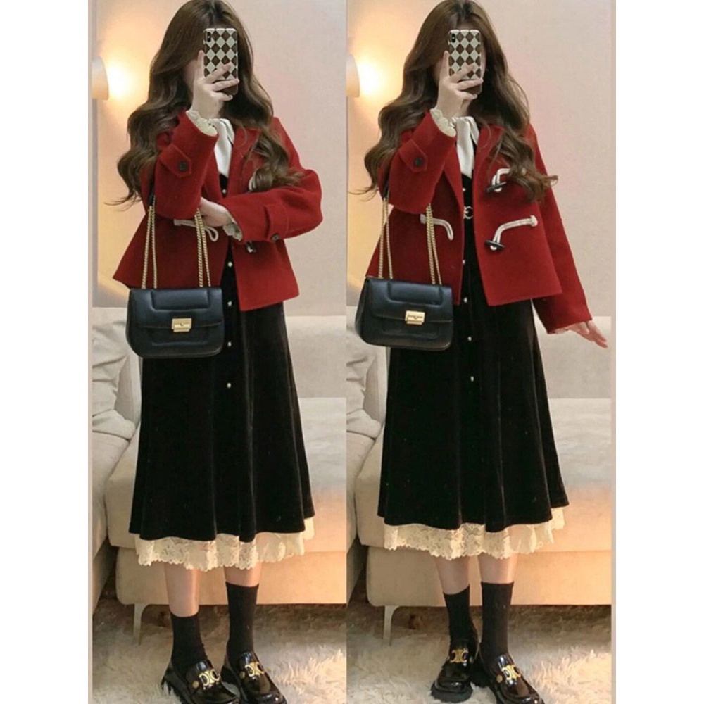 2023新秋季女孩高级感赫本风毛呢子外套+花边蕾丝拼接连衣裙套装