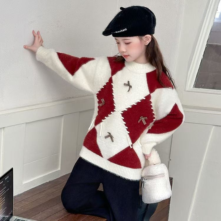 新款女孩 中大童秋冬加厚保暖洋气韩版宽松针织毛衣女童圆领套头