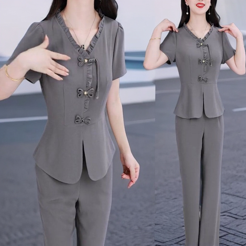 2025夏季新款时尚休闲显瘦国风盘扣短袖上衣微喇叭裤子两件套装女