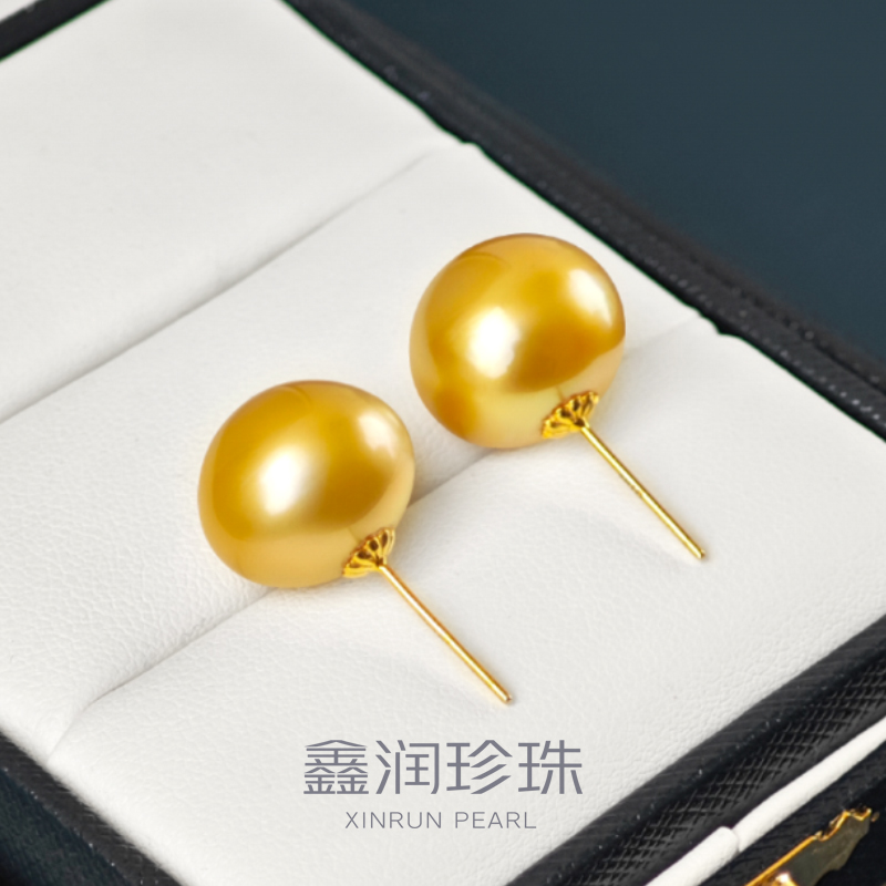 18K金镶嵌南洋海水金珠耳钉海水珍珠耳环10-15MM百搭*多样性发一