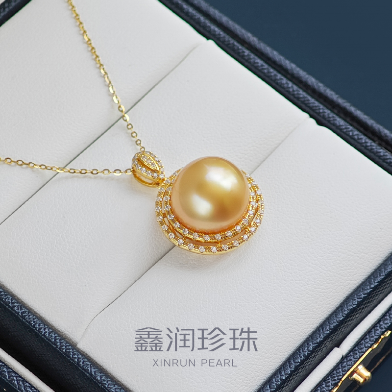 925银镶嵌南洋海水金珠吊坠13-14MM（单颗珍珠不含项链）多样性发一
