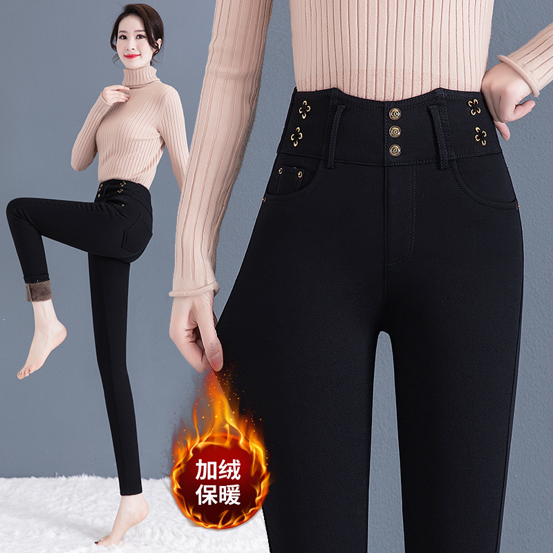 中年妈妈黑色打底裤高腰加绒加厚保暖外穿小脚裤修身弹力冬季显瘦