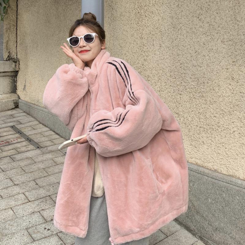 韩版加绒加厚毛茸茸上衣女秋冬胖mm2-300斤百搭保暖毛外套慵懒风