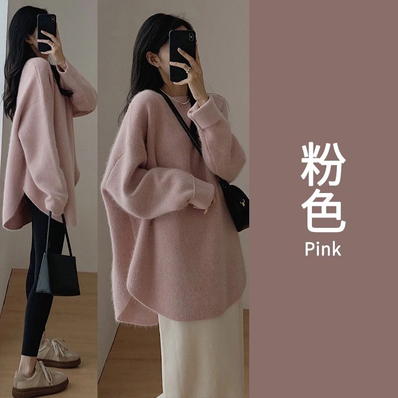 浣熊套头毛衣女秋冬外穿中长款日系慵懒复古开叉针织衫冬季加厚