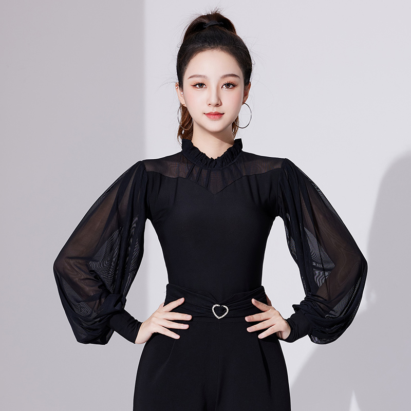 拉丁舞上衣女洋气新款长袖摩登舞衣灯笼袖网纱交谊舞跳舞服装时尚