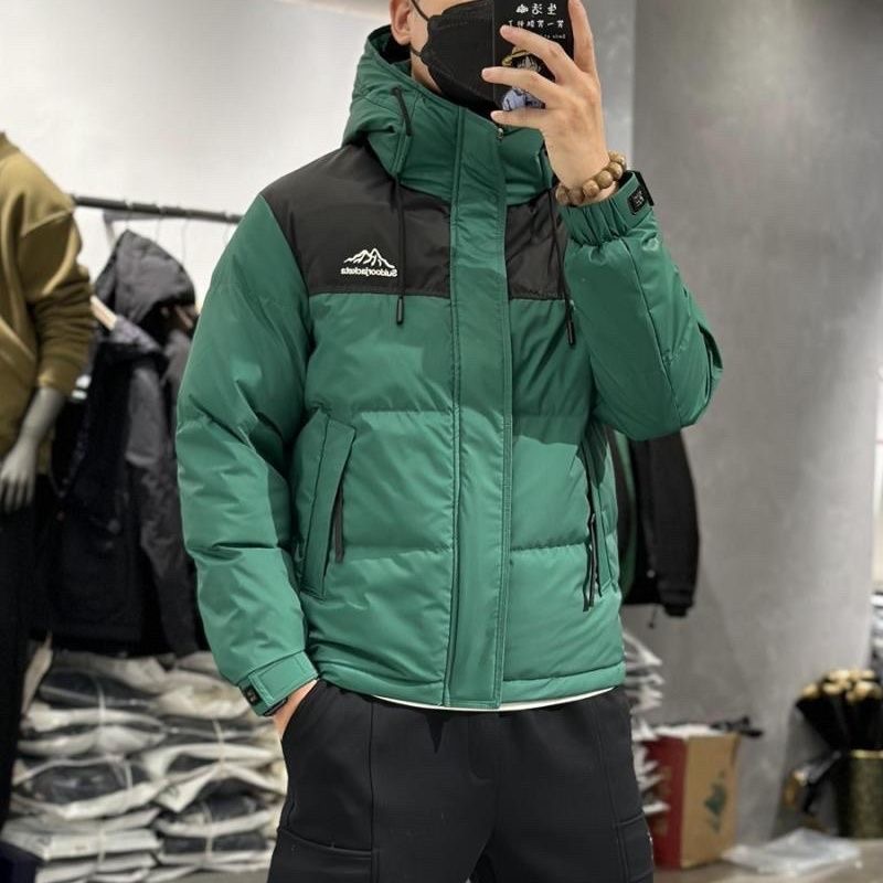 欧洲站撞色短款连帽羽棉服男冬季2025年新款潮牌拼接加厚保暖外套