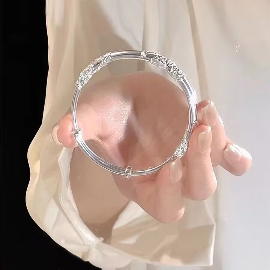 足银手镯 祥云银手镯纯银复古实心开口手镯男女情侣款雕刻简约礼