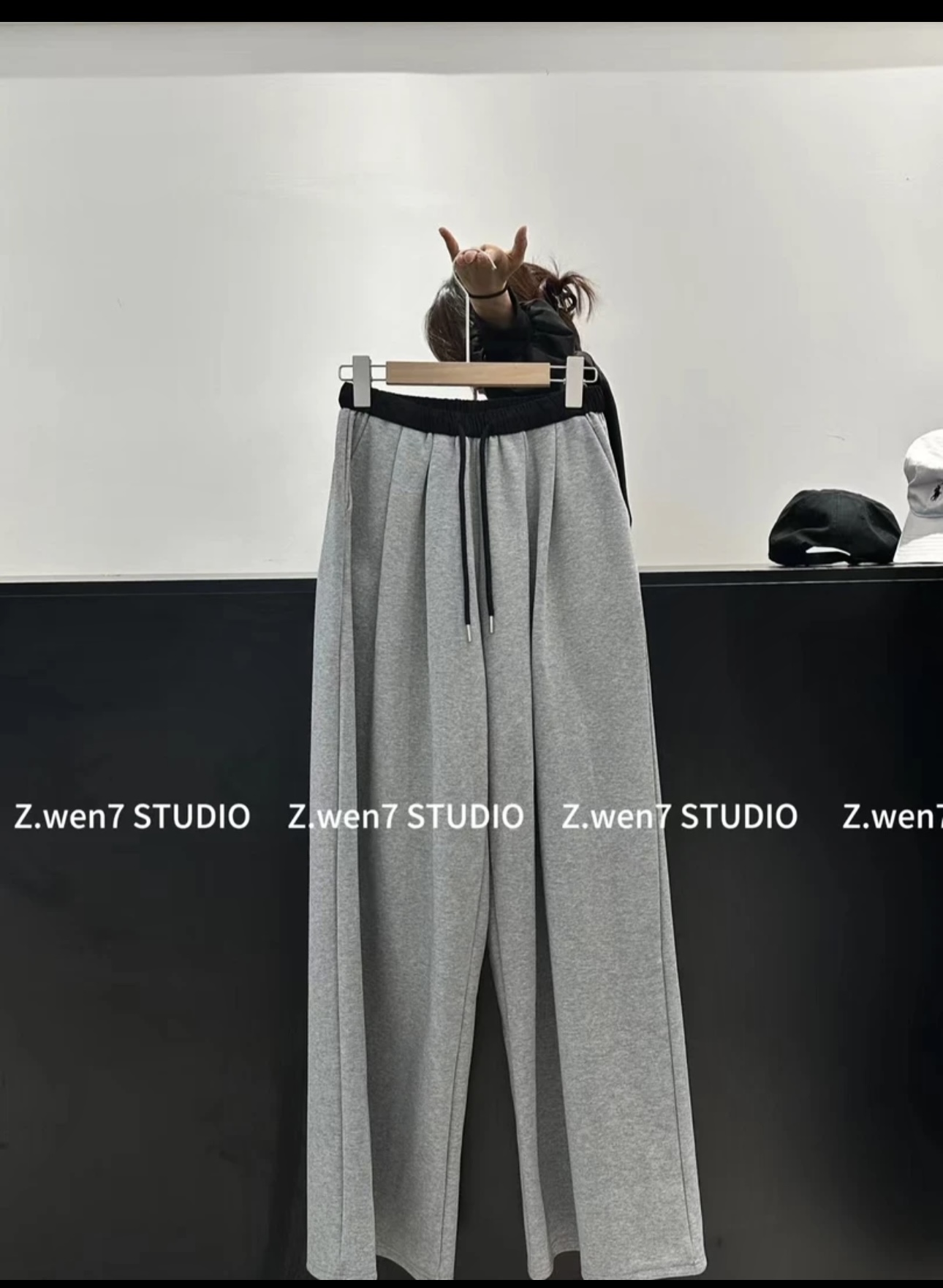 2024秋冬新款韩版宽松显瘦直筒休闲高腰抽绳拼接阔腿裤