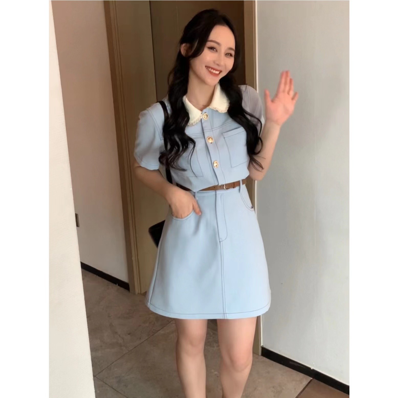 XINYI【海盐薄荷】时尚娃娃领连衣裙女收腰显瘦气质裙子XA346934