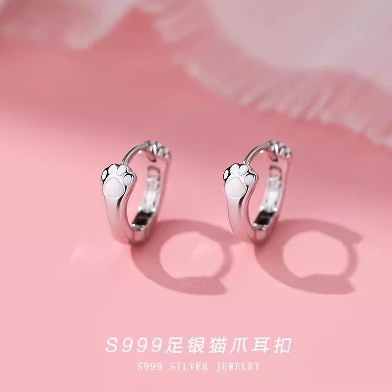 足银耳饰 S999纯银针猫爪耳扣耳饰百搭可爱甜美时尚简约小众气质