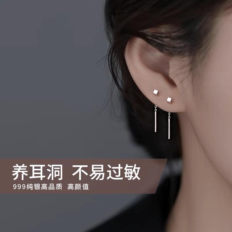 足银耳饰 睡觉不用摘S999纯银小方块耳线耳环气质养耳洞小众设计
