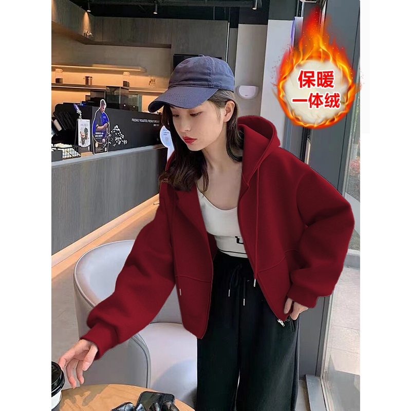 即墨卫衣外套女2023秋冬新款爆款酒红色加绒休闲开衫小个子短上衣