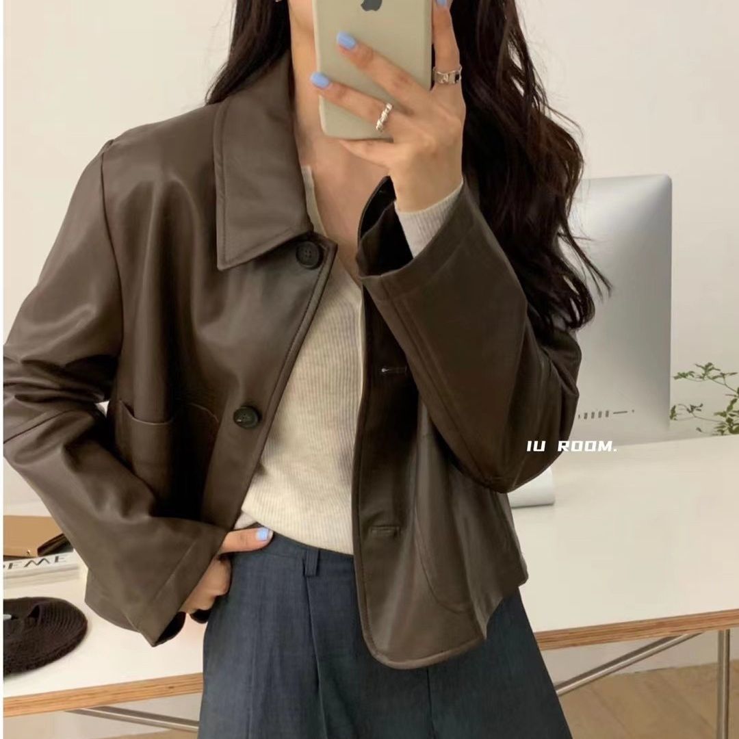 皮衣女2023春秋款韩国气质休闲短款pu夹克设计感小众外套别致上衣