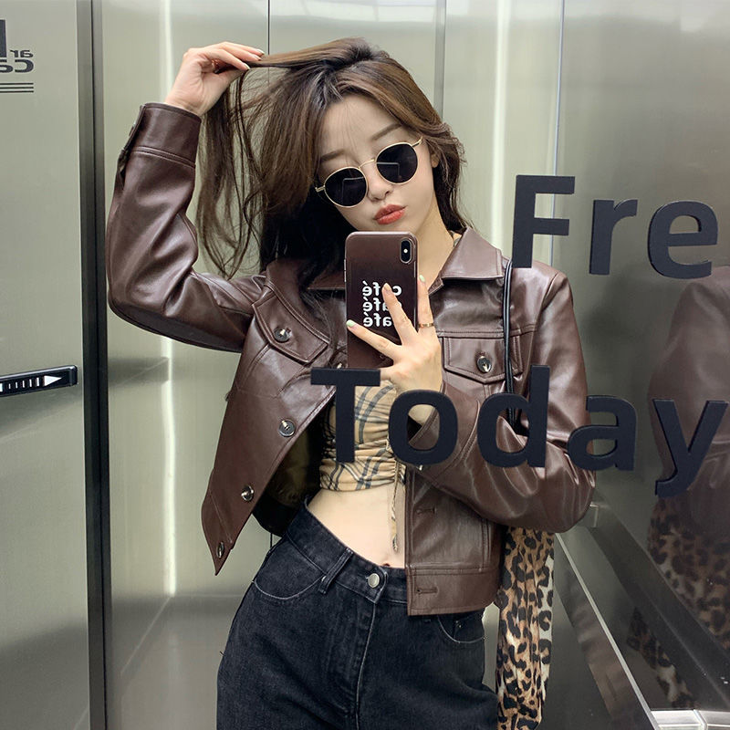 皮衣女2023年春季衣服新款短款Pu皮爆款复古机车皮夹克外套春秋