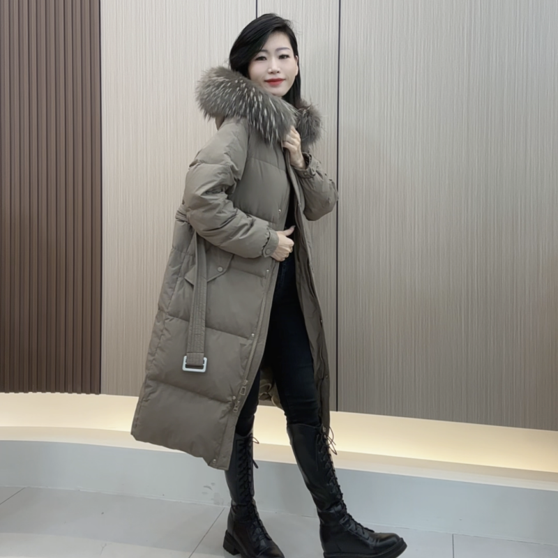 【腰带款】羽绒服女中长款2025冬新款大毛领高级感时尚显瘦加厚外套