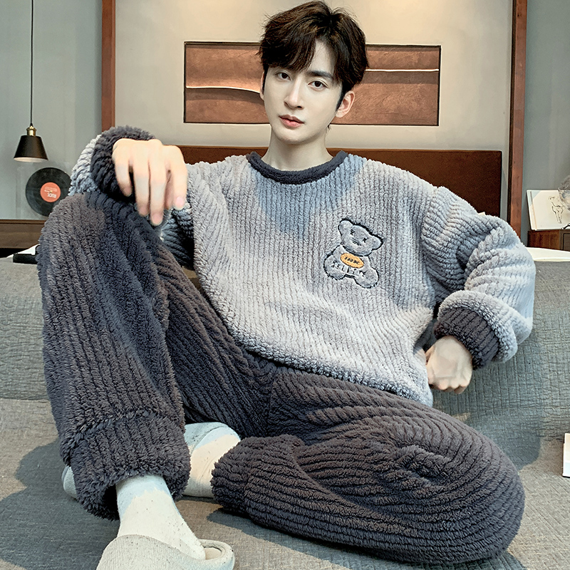 青少年睡衣男冬季珊瑚绒加厚套装学生男孩大码冬天法兰绒家居服