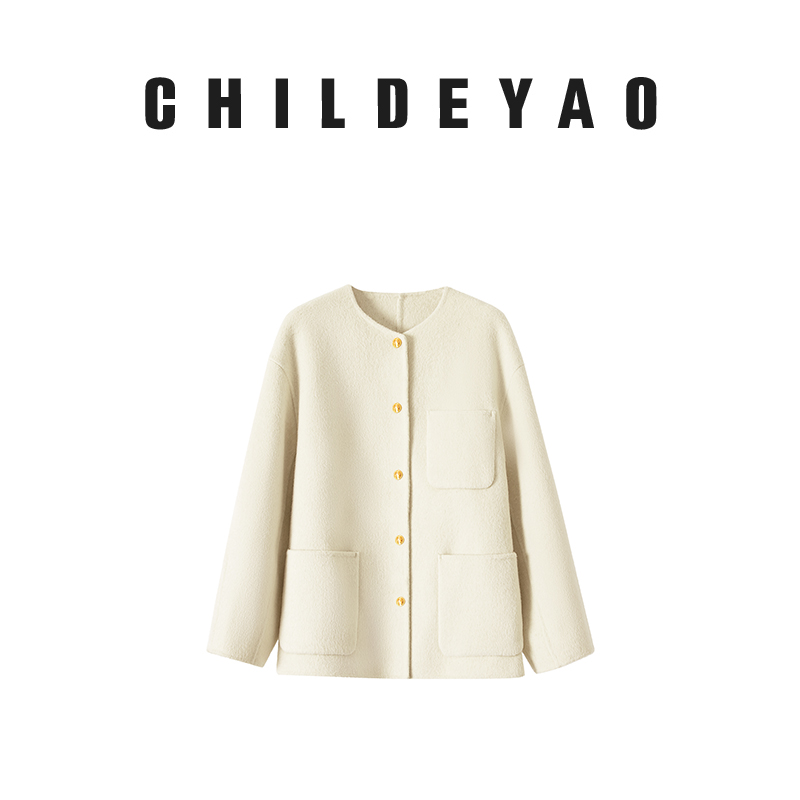 【布拉格】小香风绵羊毛外套女秋冬箱型单排扣圆领双面呢XX-055