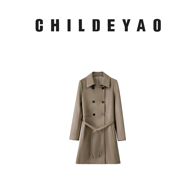 CHILDEYAO早秋2023新款涂层绵羊皮 腰带早秋休闲风衣皮衣PFY-061