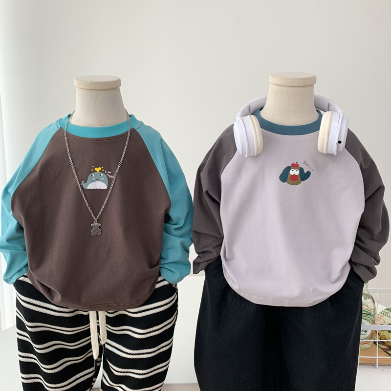 儿童纯棉T恤春秋男童圆领洋气插肩袖打底衫柔软中童拼色长袖上衣