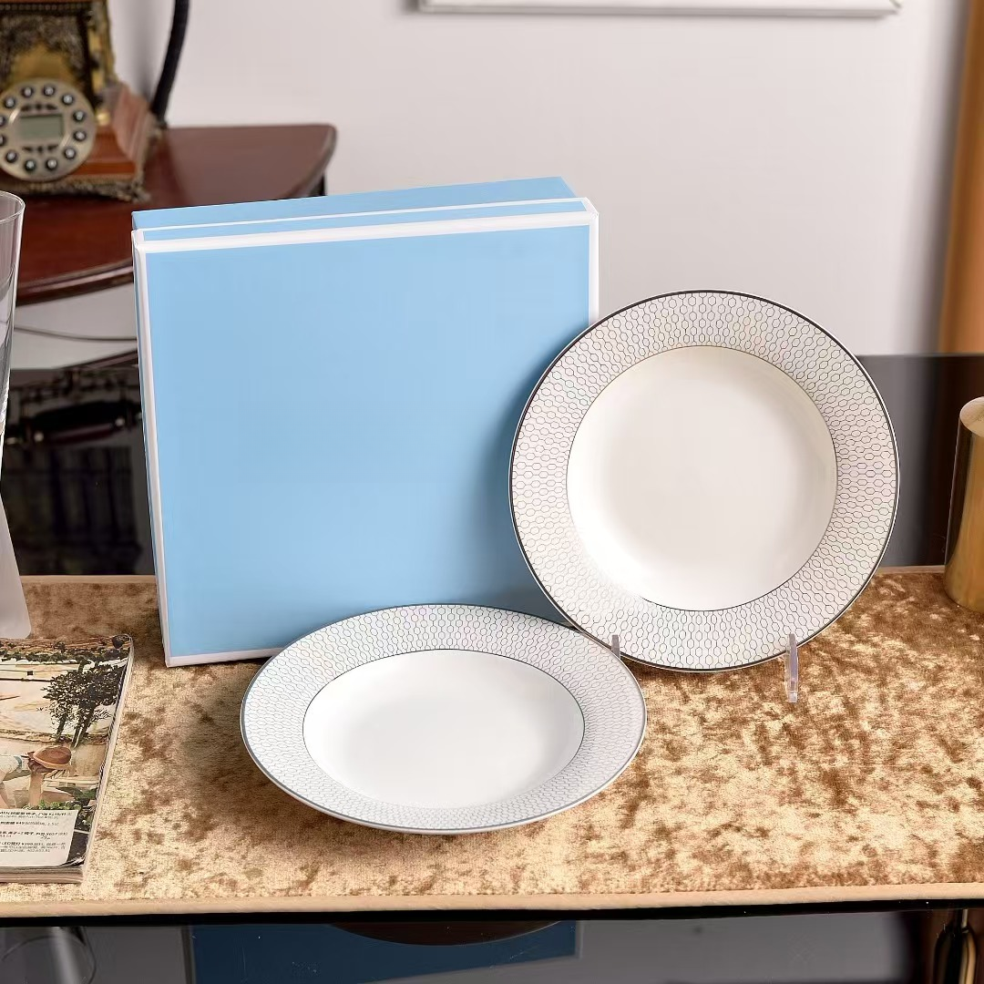 007威家白金蜂窝双深盘家用菜盘盘子创意简约陶瓷纯白欧式西餐盘