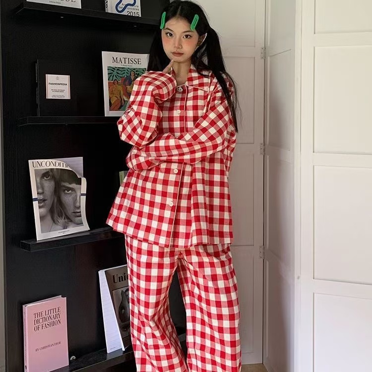 【野SP-红格子熊猫】长袖长裤 新款潮牌可外微磨毛棉质居家睡衣服