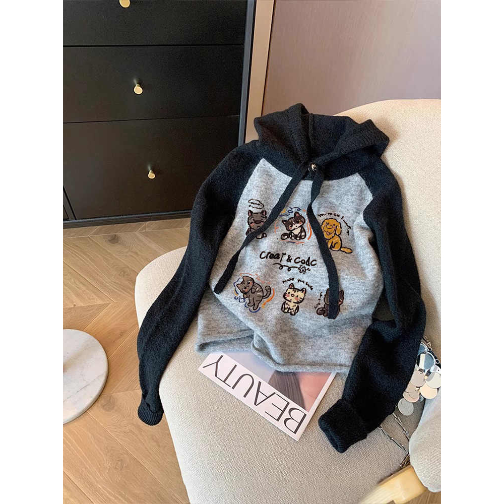 美式复古撞色插肩连帽针织衫女春秋新款设计感小个子套头内搭毛衣