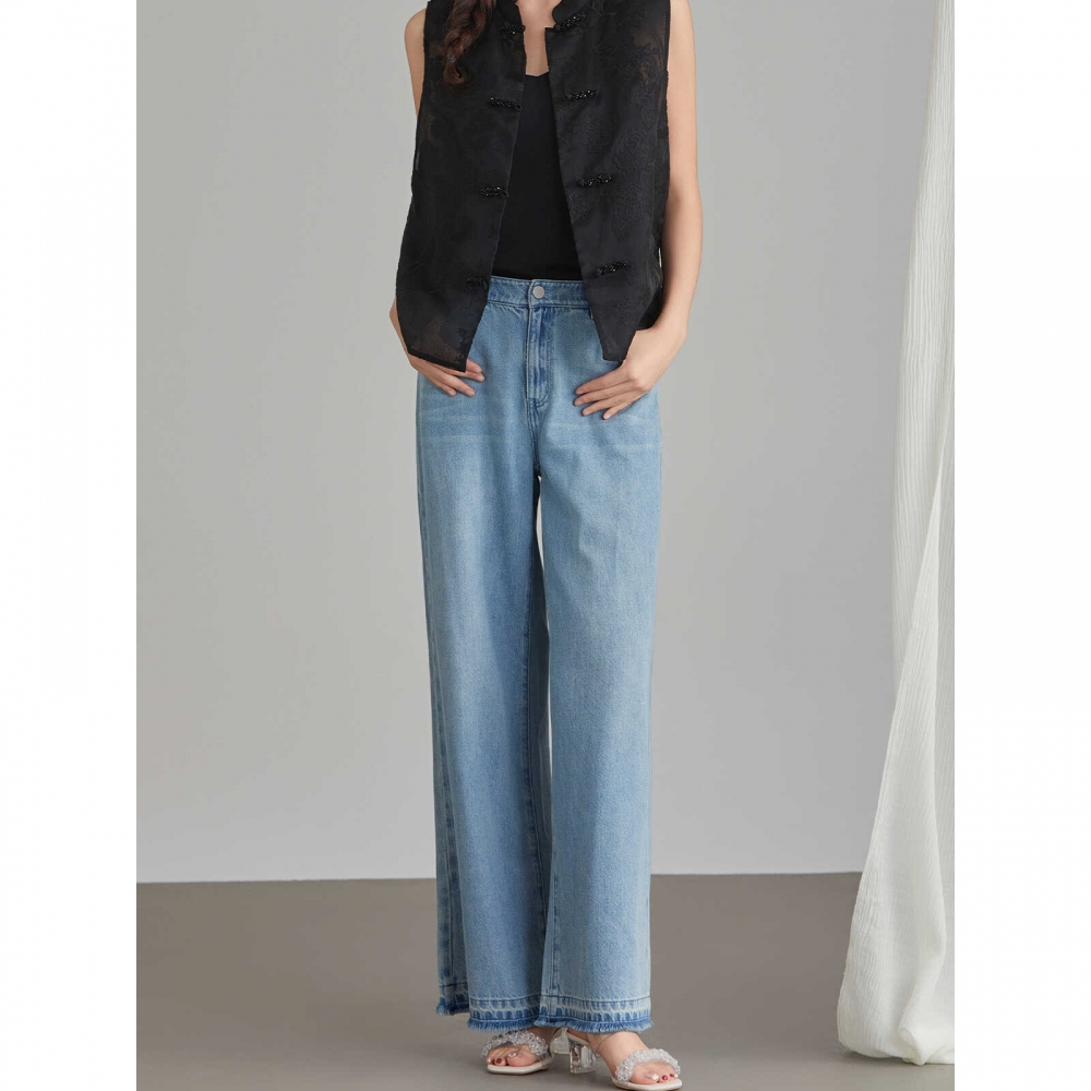 新中式浅蓝色毛边牛仔裤女春秋复古高腰显瘦百搭休闲裤直筒裤MHL