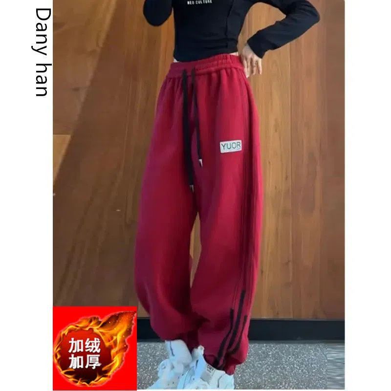 加绒加厚束脚卫裤女2023秋冬个性百搭时尚字母贴标拼条运动休闲裤