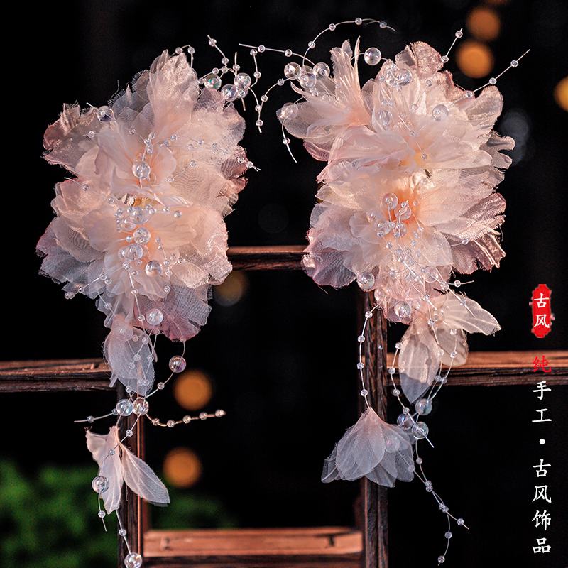 古风发夹绢纱花朵对夹粉色薄纱夹子百搭古装边夹发饰烫花汉服头饰