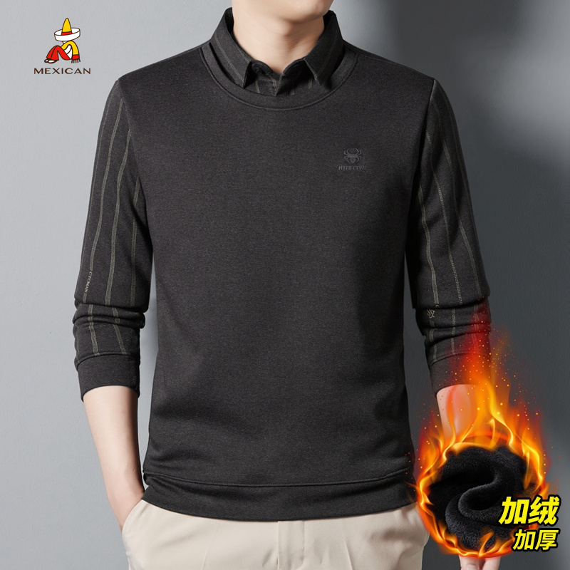 稻草人/Mexican2024男士秋冬保暖加绒加厚圆领假两件条纹T恤上衣