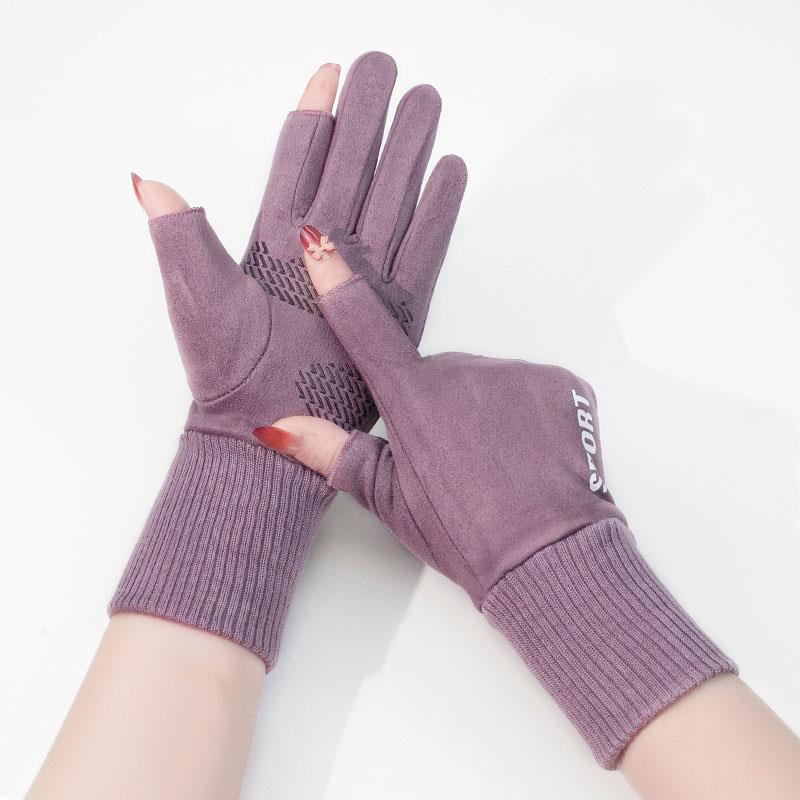 麂皮绒露指手套女冬季保暖加绒骑车防风防寒学生半指钓鱼户外运动