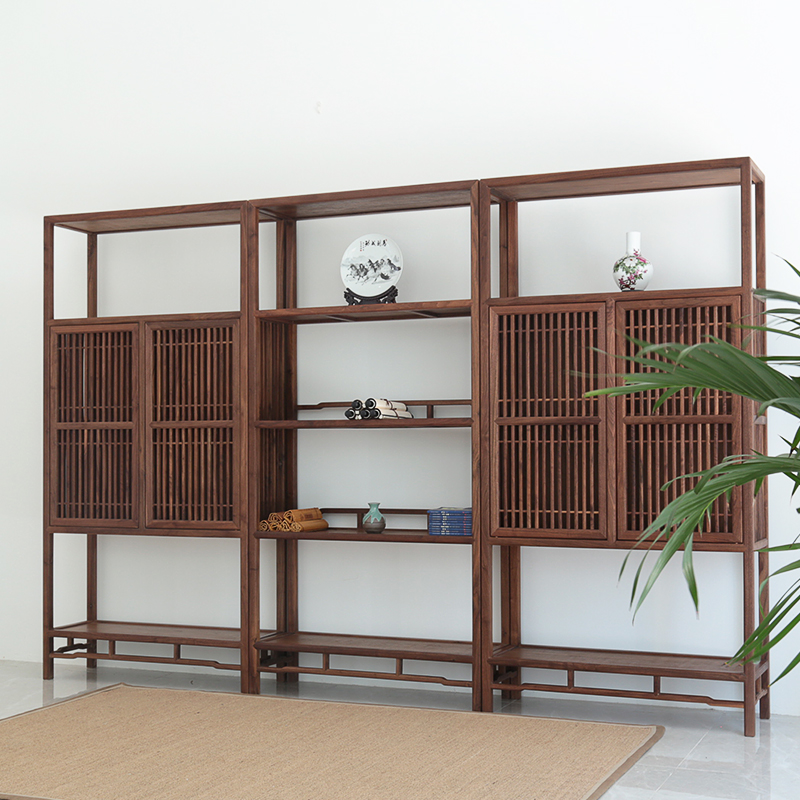 新中式书架书柜简约现代黑胡桃木博古架实木中式禅意茶室置物架