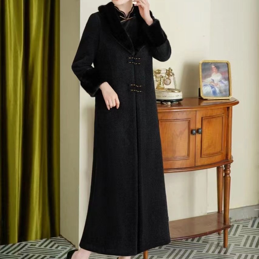 【清影】秋冬国风黑色气质显瘦ins旗袍外套复古中式冬季大衣衣长120
