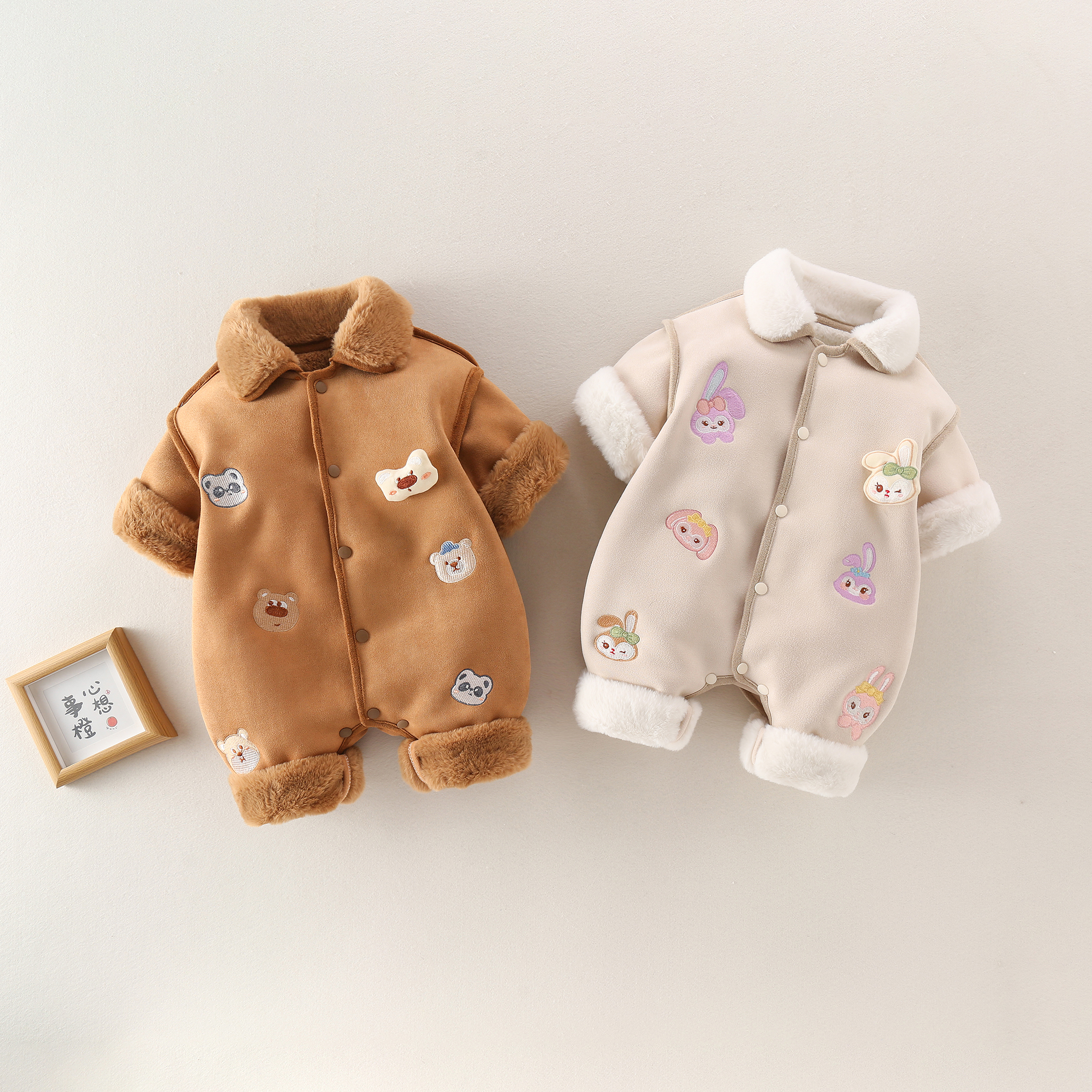 婴儿冬装皮毛一体连体衣保暖外出衣外套加绒卡通超萌超可爱冬款