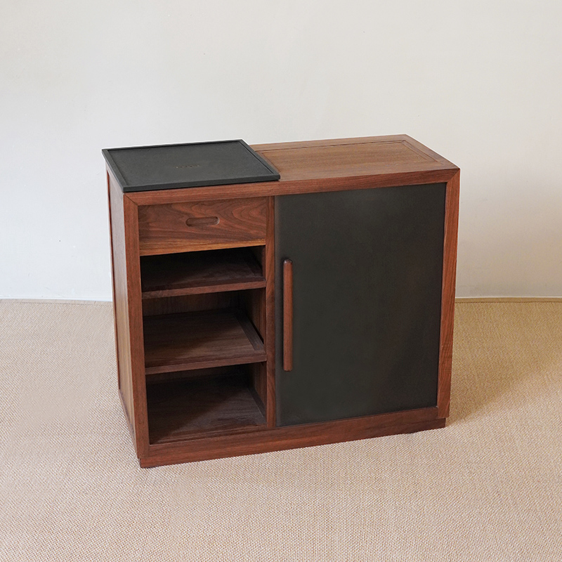 超薄黑胡桃实木茶水柜新中式可移动客厅玄关落地矮柜家用