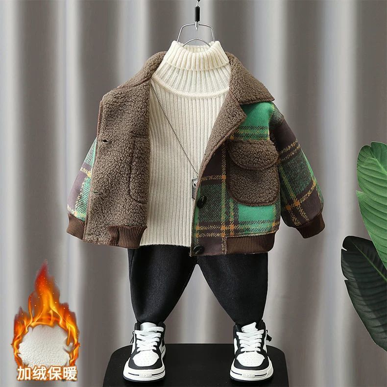 男童加绒外套儿童冬季2025新款童装加厚格子帅气时髦男孩洋气上衣