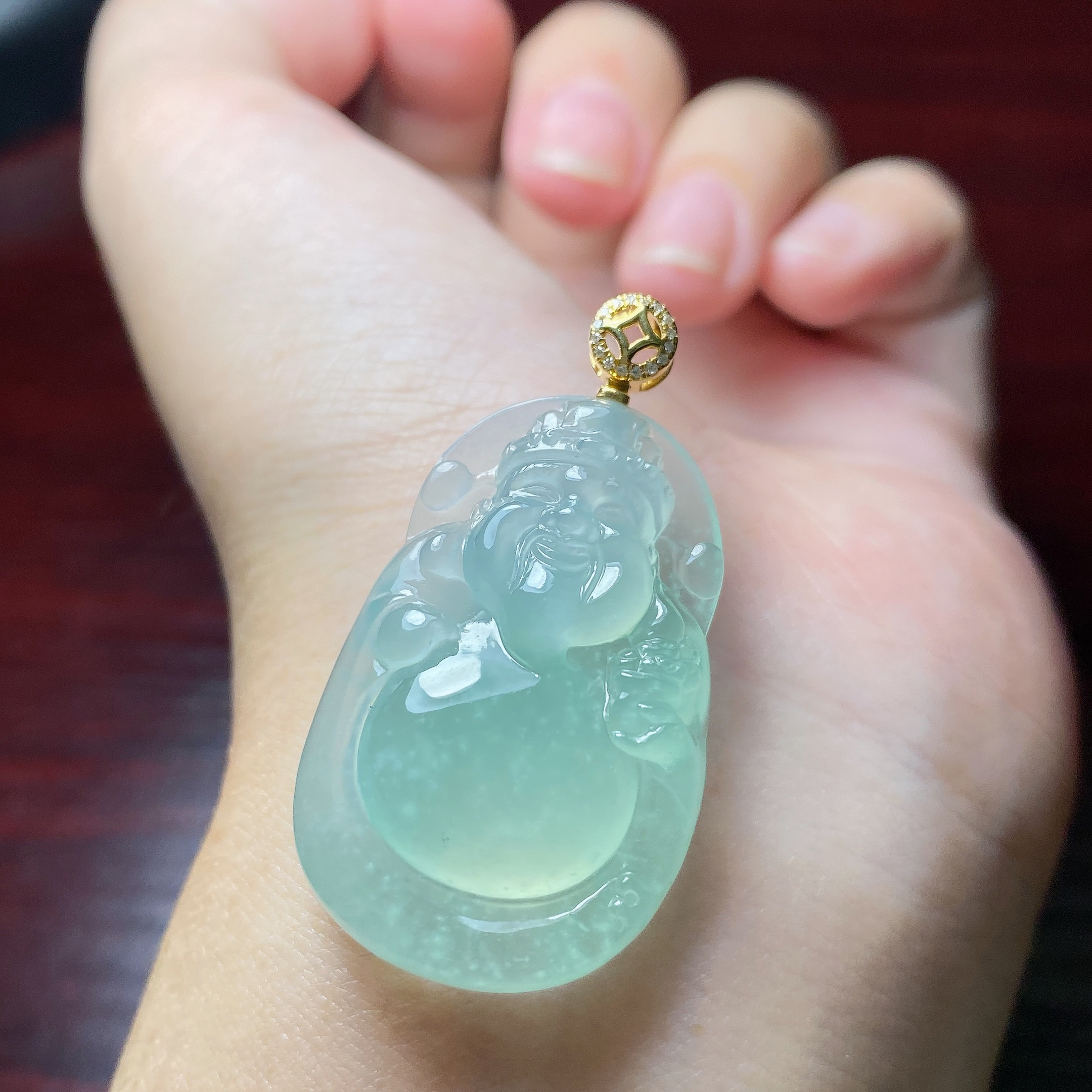 缅甸天然翡翠A货18k金伴钻镶嵌财爷爷吊坠38.9*33.2*21.5*7.0