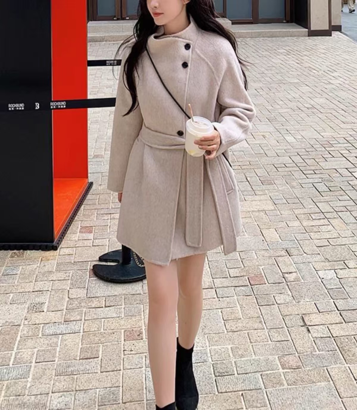 YIBEI ｜中长款双面手缝羊绒冬季大衣立领配包气质-1274