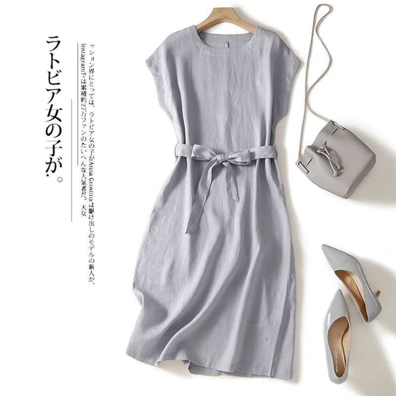 日系外贸出口尾单纯色休闲棉麻连衣裙女夏收腰绑绳亚麻A字中