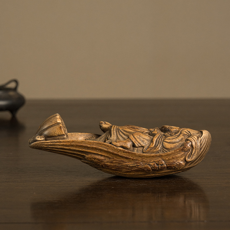 清 沉香木雕二仙乘槎摆件古董收藏