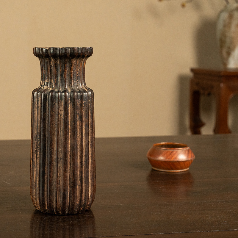 清早期 紫檀瓜棱形花插古董收藏