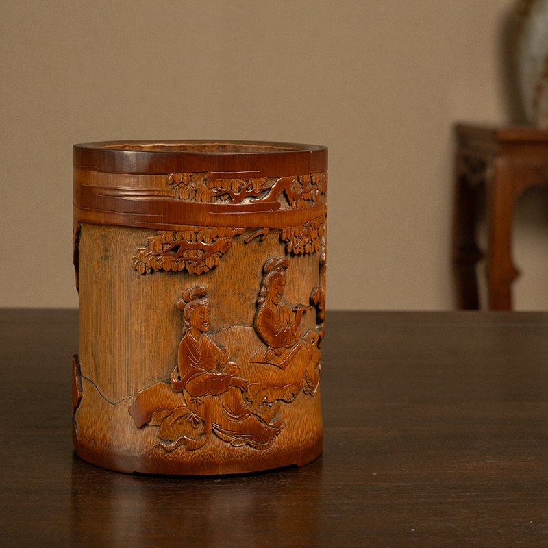 清 竹雕蕉荫仕女笔筒古董收藏