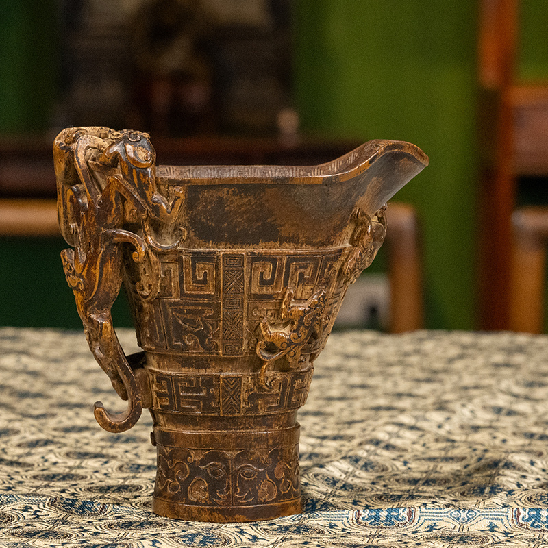 清 竹雕螭虎纹爵杯古董收藏