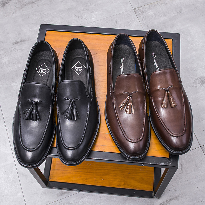 英伦男士真皮百搭套脚商务休闲流苏纯色时尚皮鞋潮鞋2307