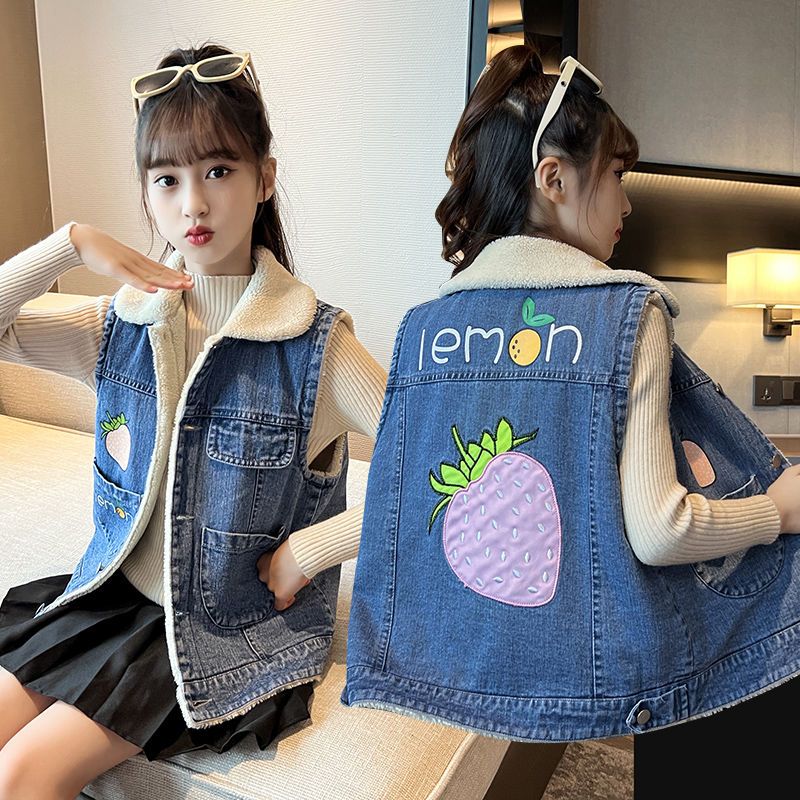 女童牛仔马甲加绒秋冬新款中大童2023网红马夹女孩加厚洋气背心潮