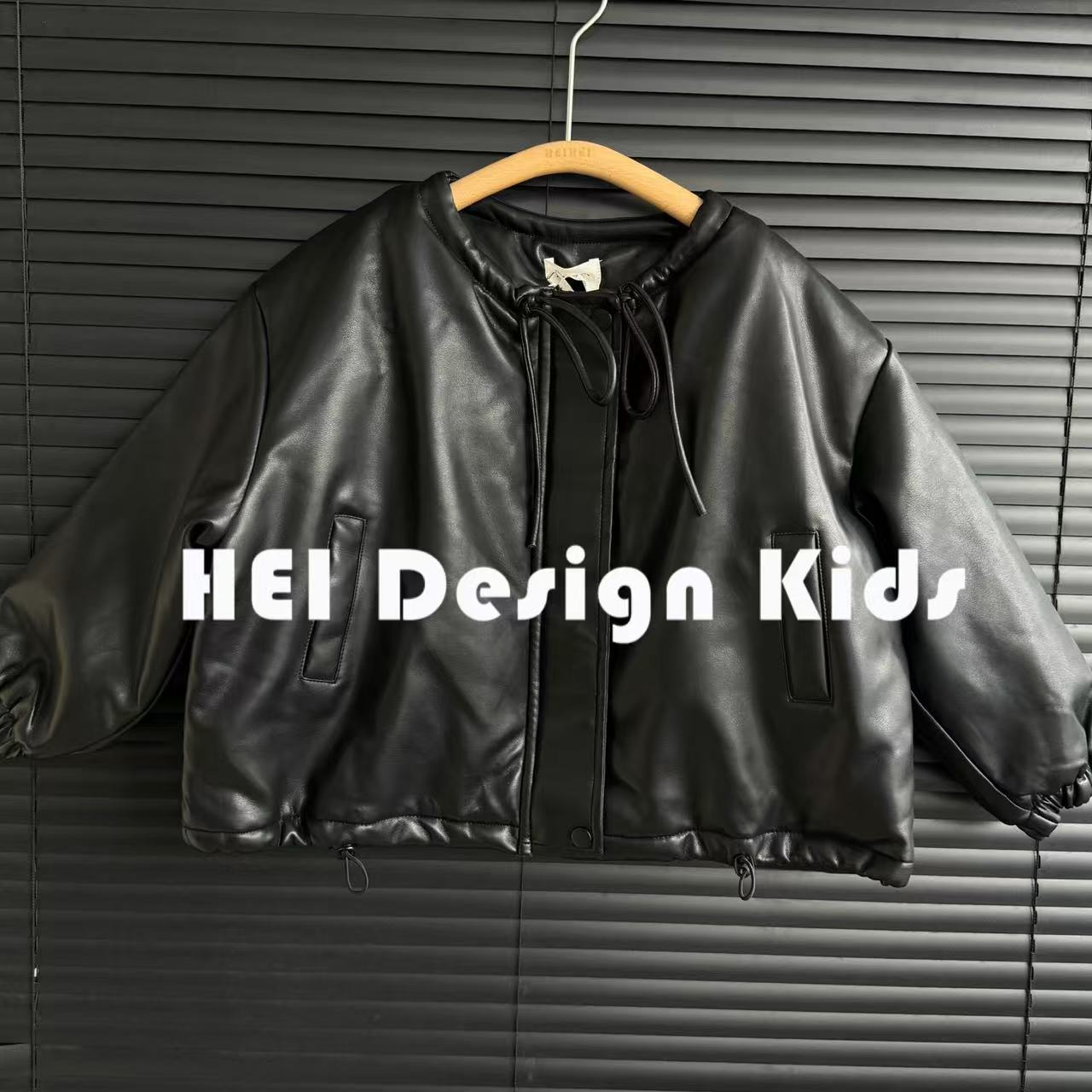 时尚百搭设计师款加棉加厚无领抽绳皮衣外套冬季中大童 5120